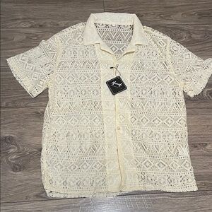 Men's Cream Lace Button Down Shirt
